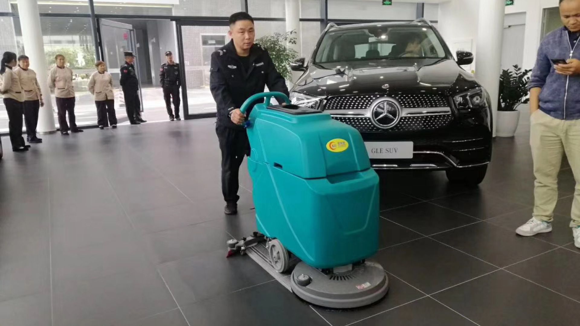 CY Walk-Behind Scrubber Used at Mercedes-Benz 4S Store Floor Cleaning